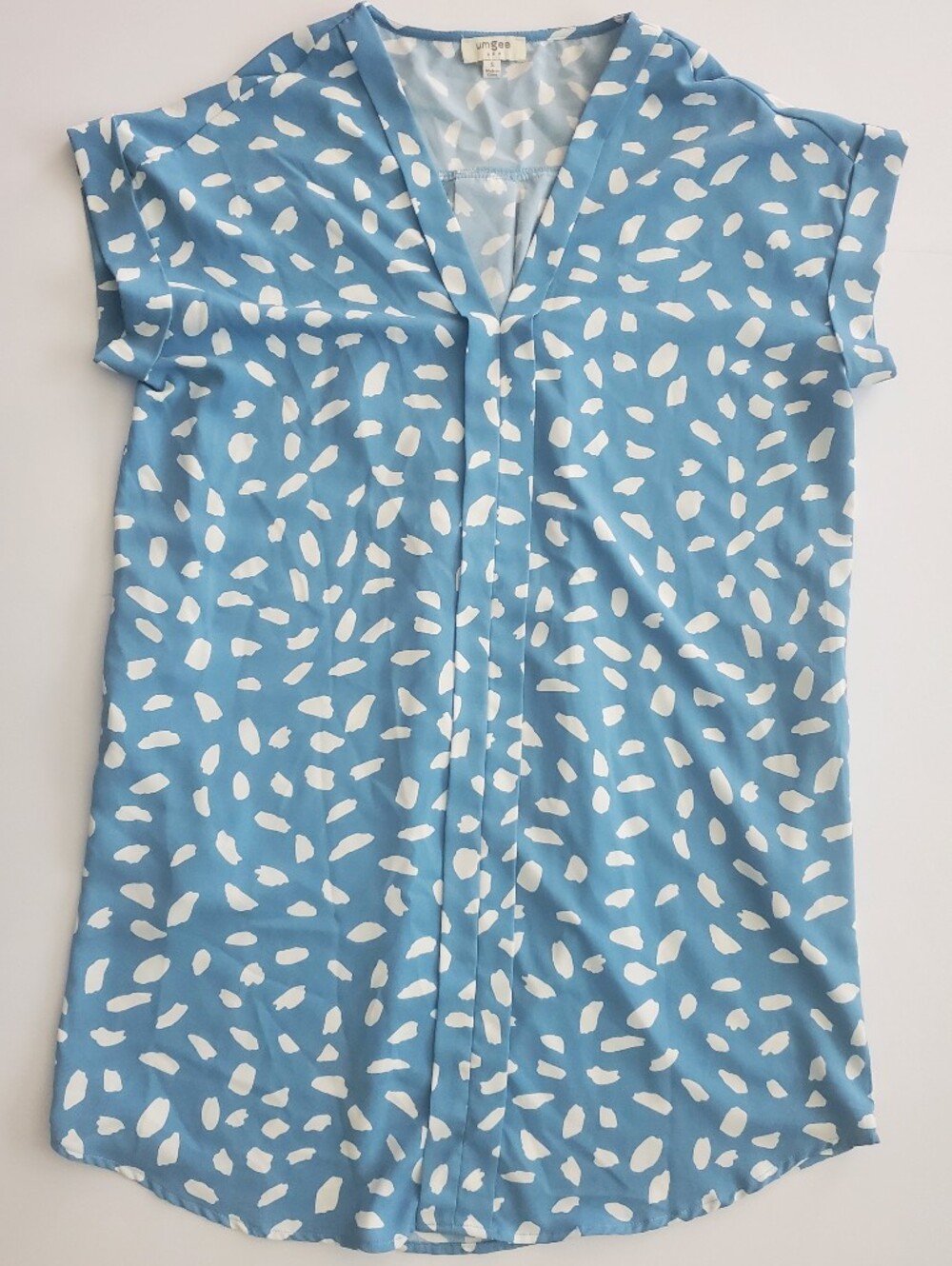 Umgee Vneck Shift Dress Teal Turquoise White  Spots Cuff Sleeve Shirt Dress